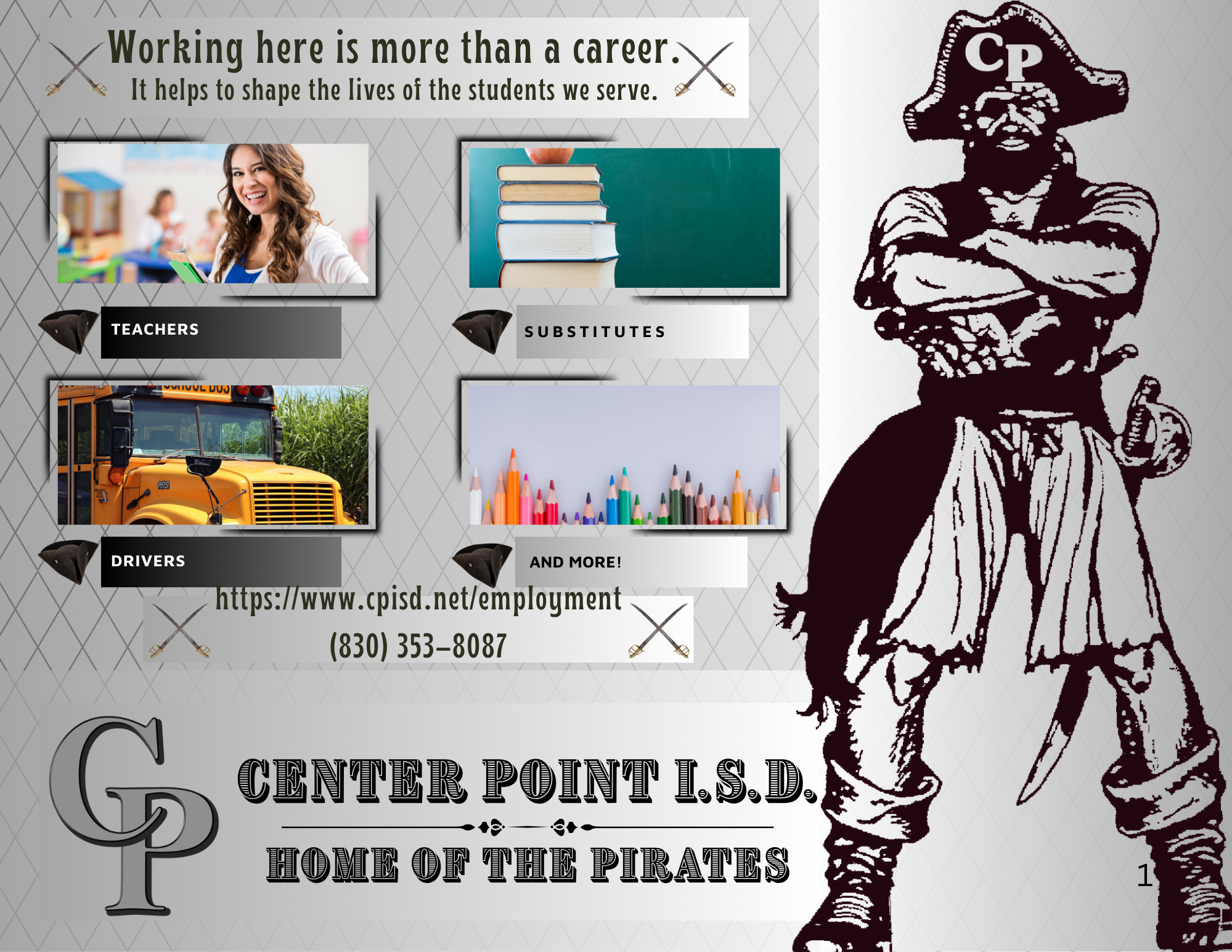 Banner for Center Point I.S.D. featuring a pirate and recruitment details for teachers, substitutes, and drivers. Website and contact info included.